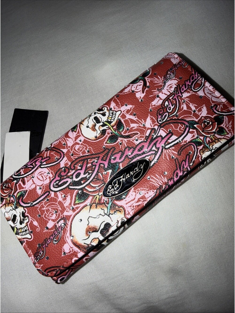 Ed Hardy Red & Multi Color Skull & Rose Tattoo Print Flap Wallet Rhinestones NWT